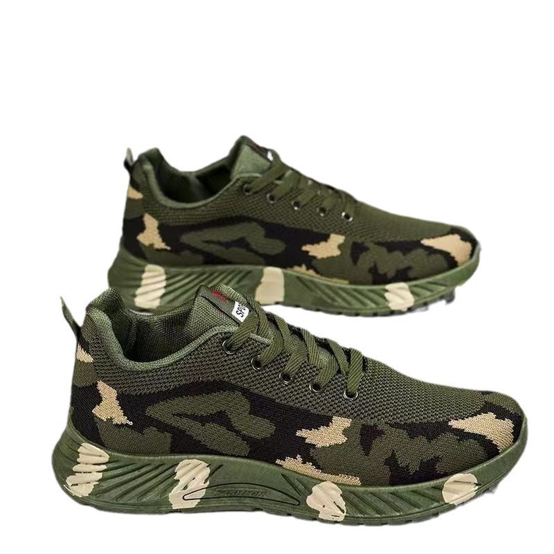 Men's camo low-top lace-up sneakers with chunky ribbed sole, olive green and beige
