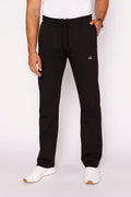 Black straight-fit sweatpants with drawstring waist, side pockets, logo patch on leg.
