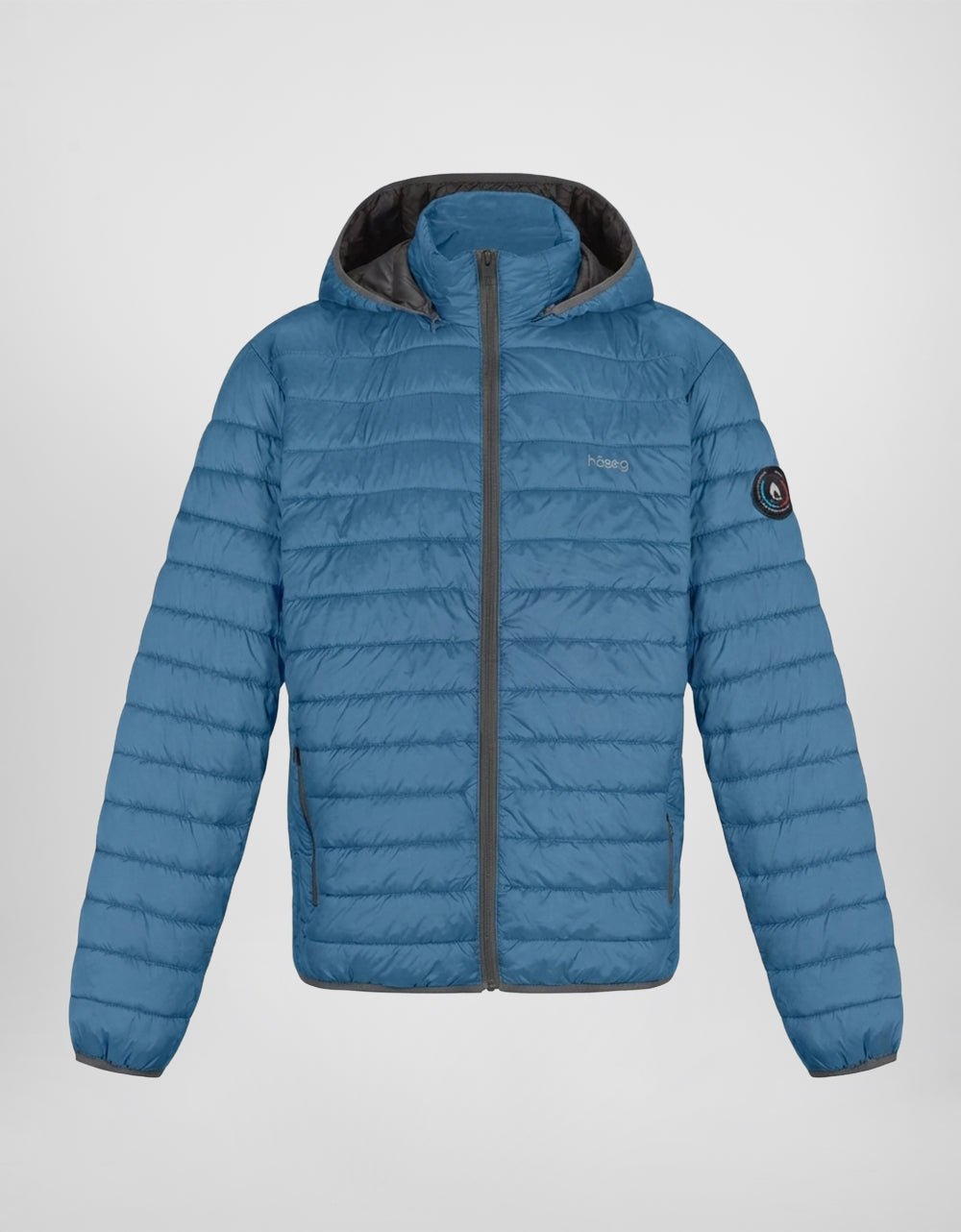 Men's blue puffer alpaca jacket, hooded full-zip with side pocket zips
