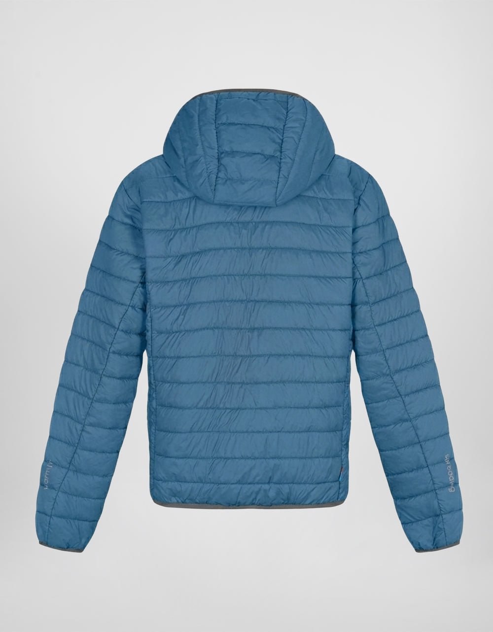 Blue men's hooded puffer jacket with zip front and quilted padded design.