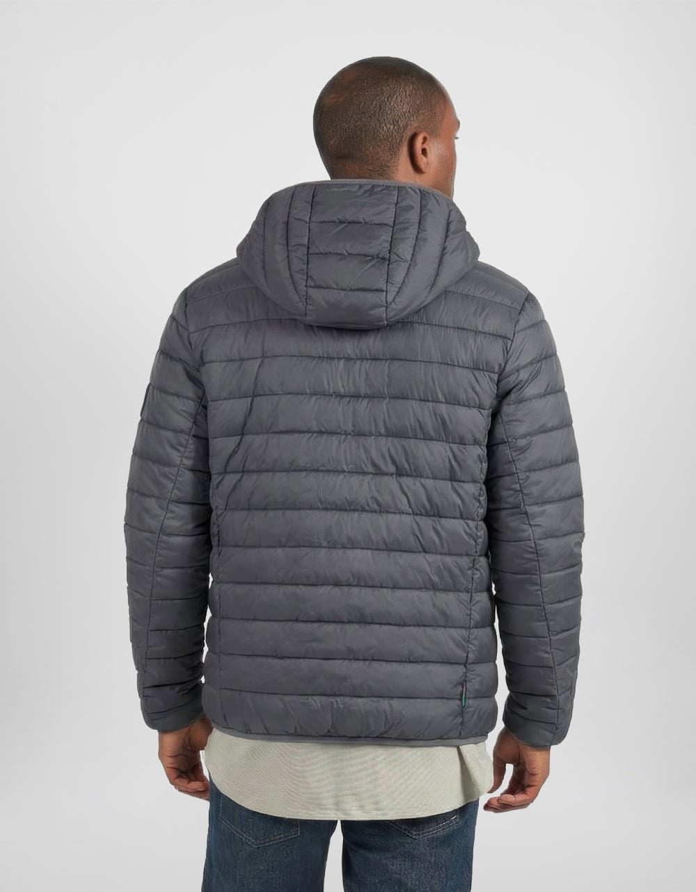 Men's gray hooded puffer jacket, back view with quilted horizontal padding channels.