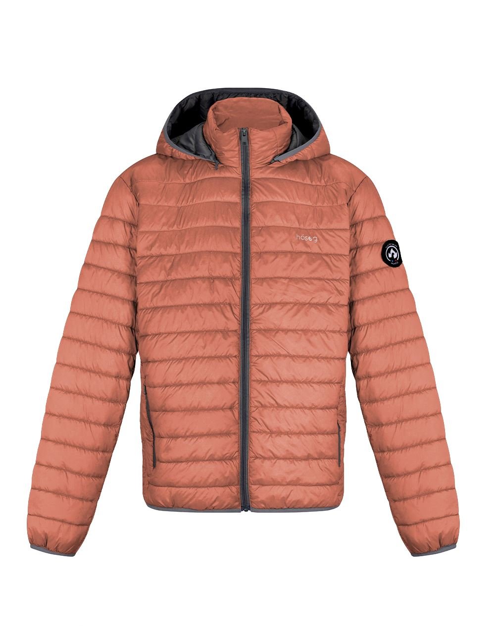 Rust-orange men's puffer jacket with black-trim zipper and circular logo patch