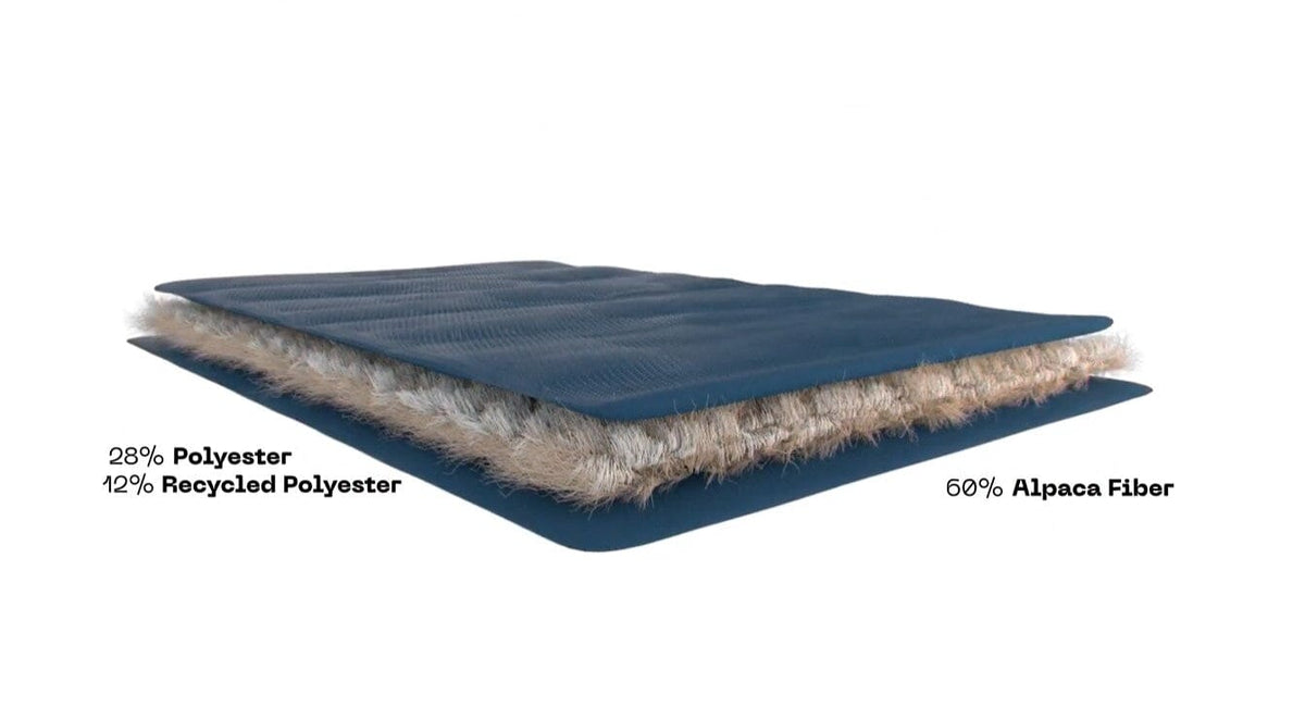 Puffer jacket fabric composition: 60% alpaca fiber, 28% polyester, 12% recycled polyester.