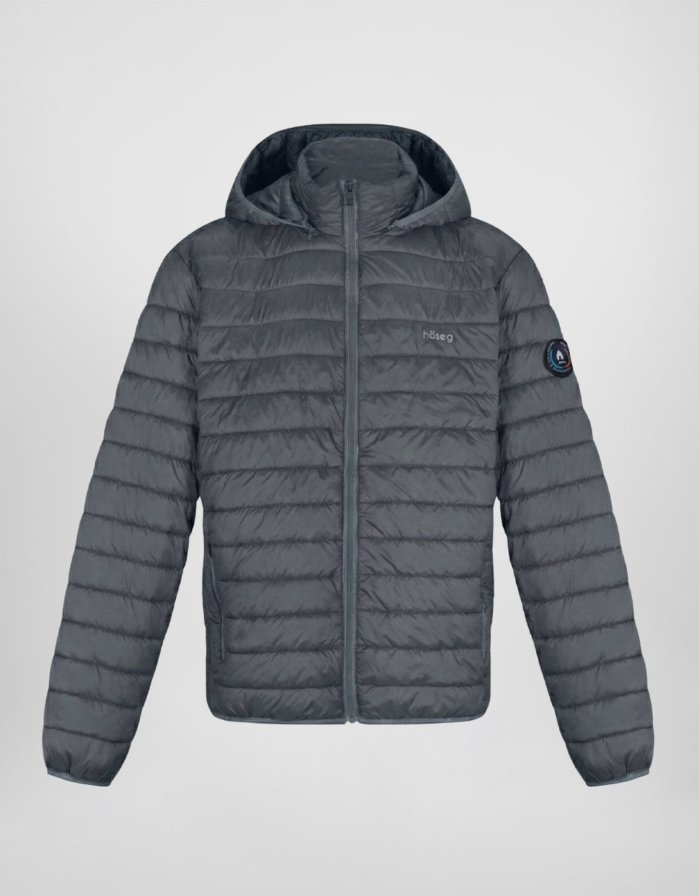 Men's dark gray hooded puffer jacket with full-zip front, quilted insulation, sleeve patch.