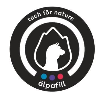 alpafill tech for nature logo badge with alpafill text and icon.