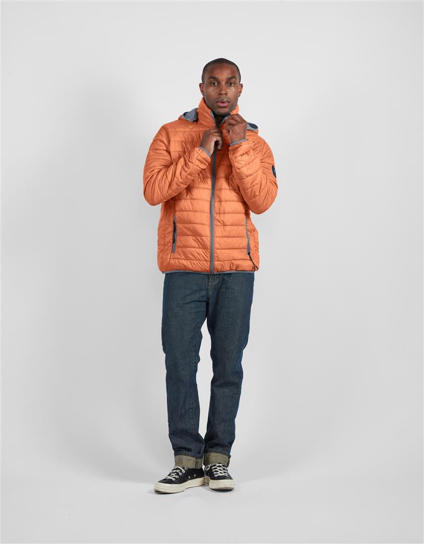 Men's orange puffer alpaca jacket with hood, full-zip front and blue trim