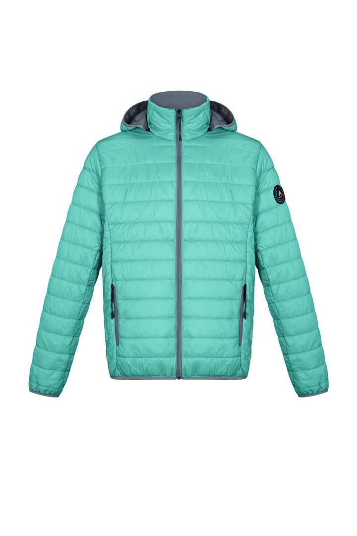 Teal men’s puffer jacket with hood, full-zip front, quilted baffles, arm logo patch.