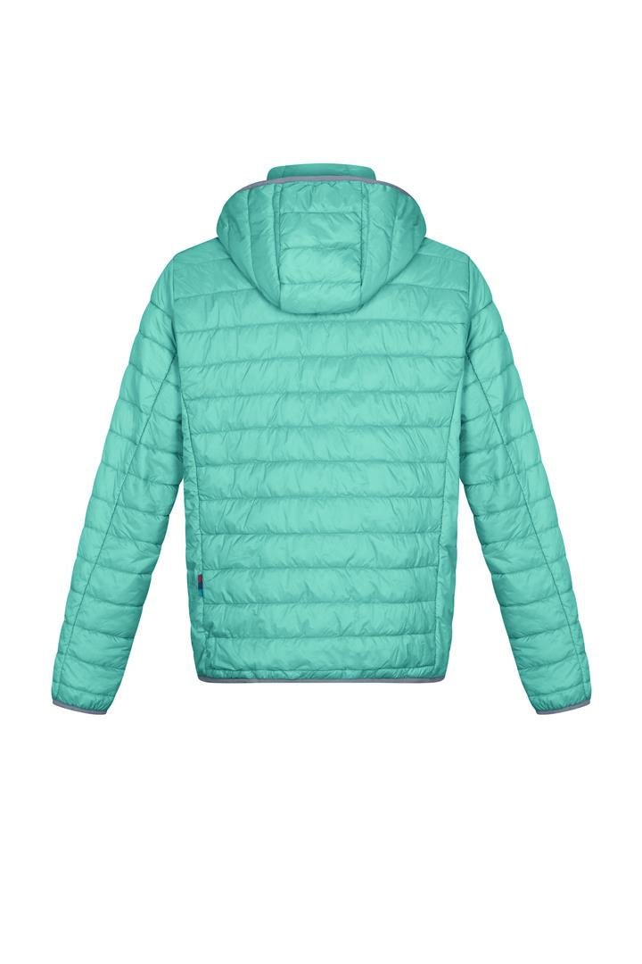 Teal puffer jacket back view with hood and quilted horizontal insulation panels.