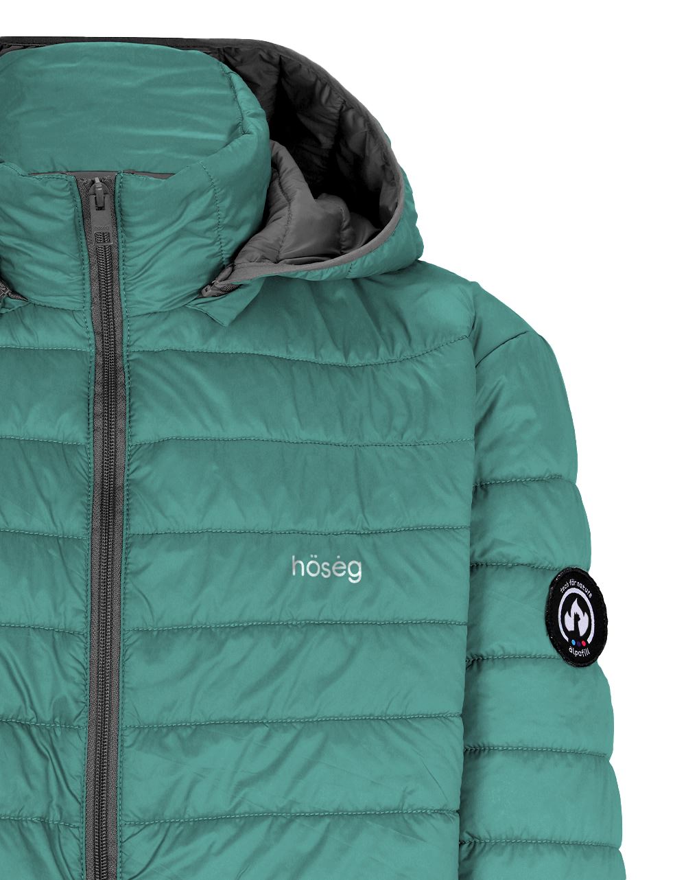 Teal puffer alpaca jacket close-up with full-zip and logo badge on sleeve