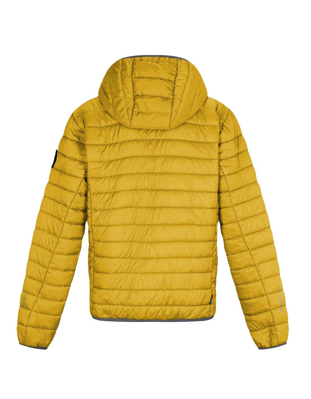 Men's yellow puffer alpaca jacket back view with hood and quilted paneling