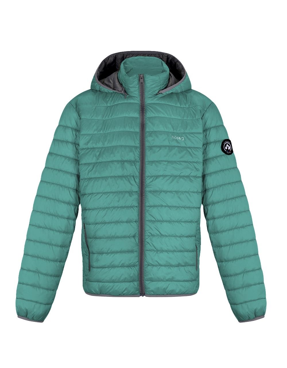 Men's teal puffer alpaca jacket with hood, full-zip, and black trim