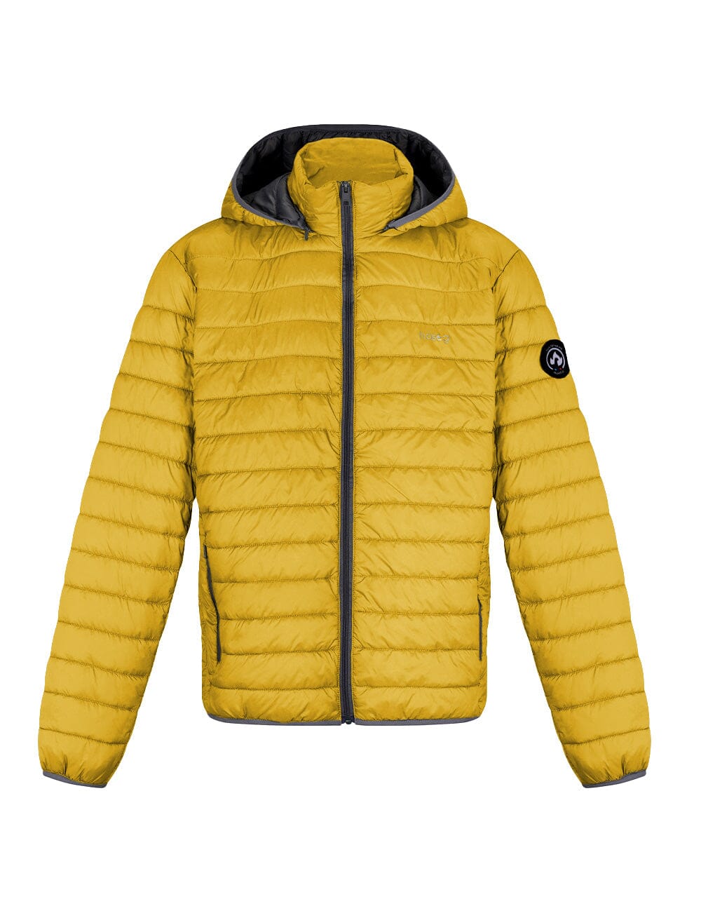 Yellow puffer alpaca jacket with black-trim hood, full-zip, and sleeve badge