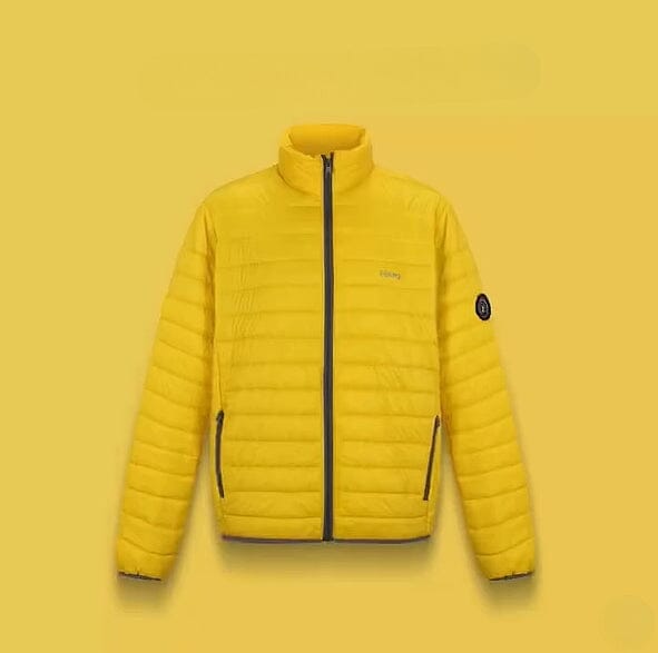 Yellow puffer alpaca jacket flat lay with full-zip, side pockets, and hood