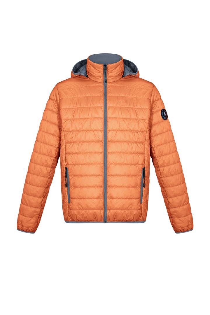 Men's orange puffer alpaca jacket, hooded full-zip with side pockets