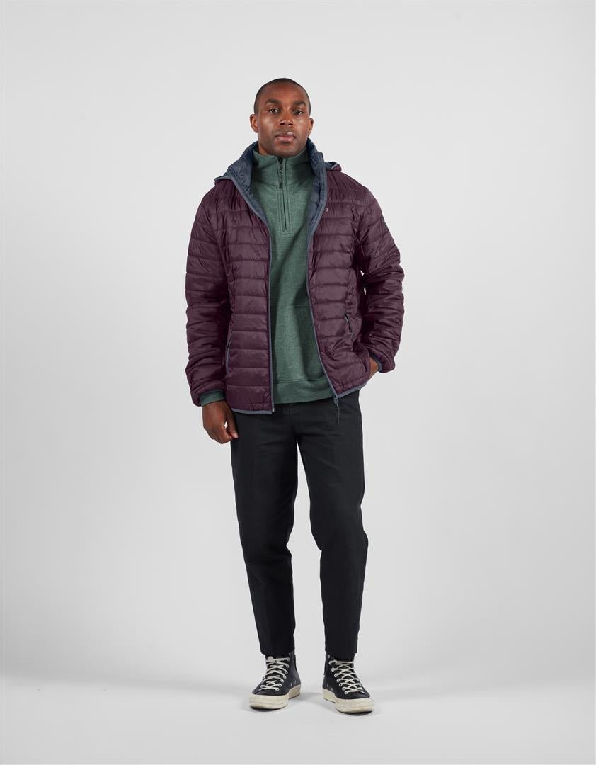 Men's plum puffer alpaca jacket with hood, full-zip front and dark pockets