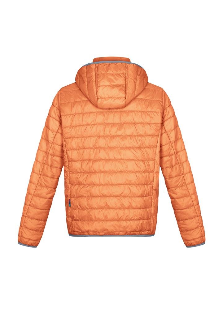 Men's orange puffer alpaca jacket, back view with hood and full-zip