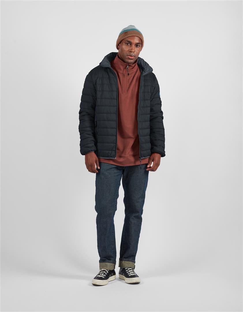 Black men’s hooded puffer jacket with full-zip front, quilted insulation, worn on model.