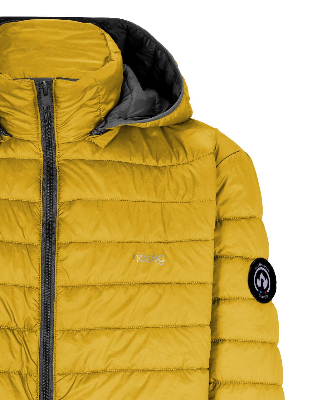 Yellow puffer jacket detail with full-zip front, quilted baffles, black inner lining.