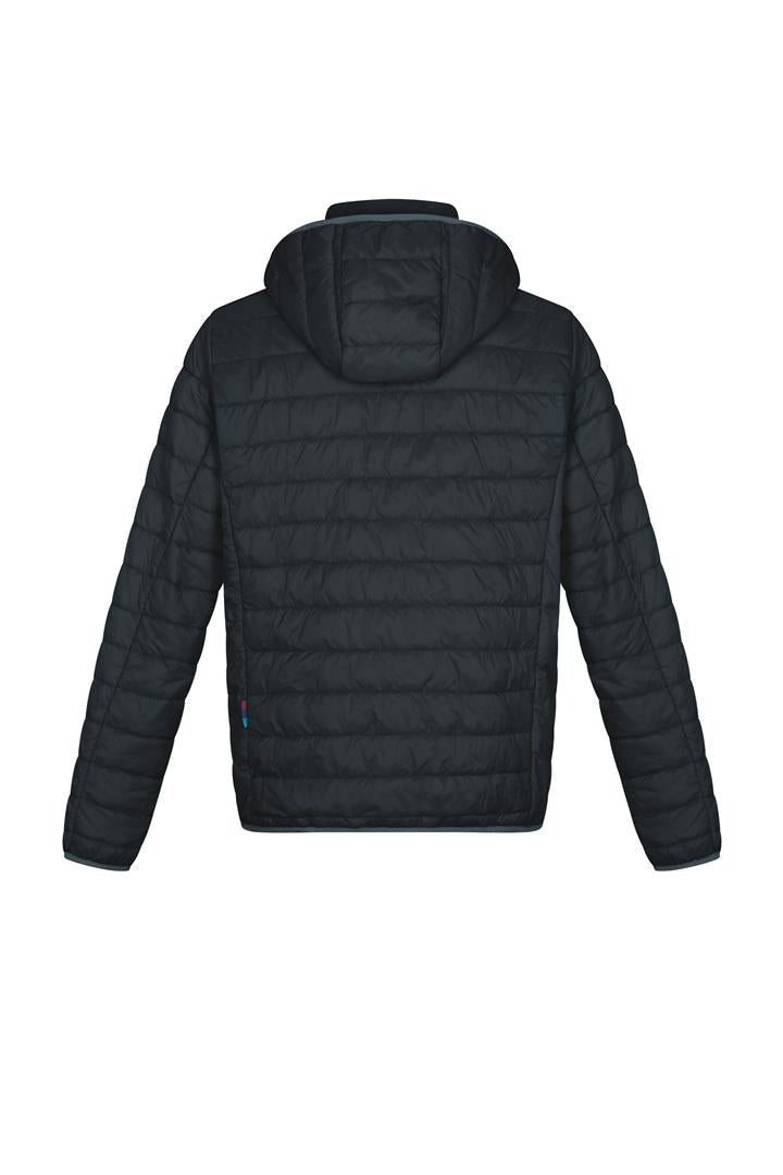 Black men’s puffer jacket back with hood and quilted horizontal insulation lines.
