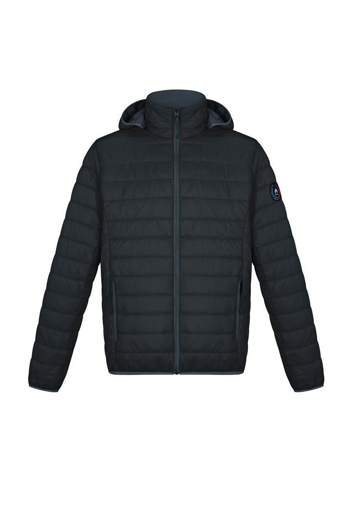 Black men’s hooded puffer jacket with full-zip front, quilted insulation, sleeve patch.
