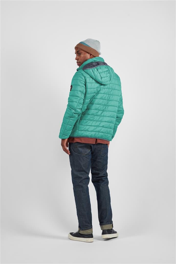 Teal men’s hooded puffer jacket with full-zip front, quilted insulation, sleeve patch.