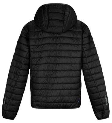 Black hooded puffer jacket with full-zip front and quilted stitch lines