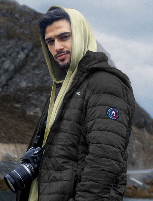 Black hooded puffer jacket with full-zip front and circular sleeve patch