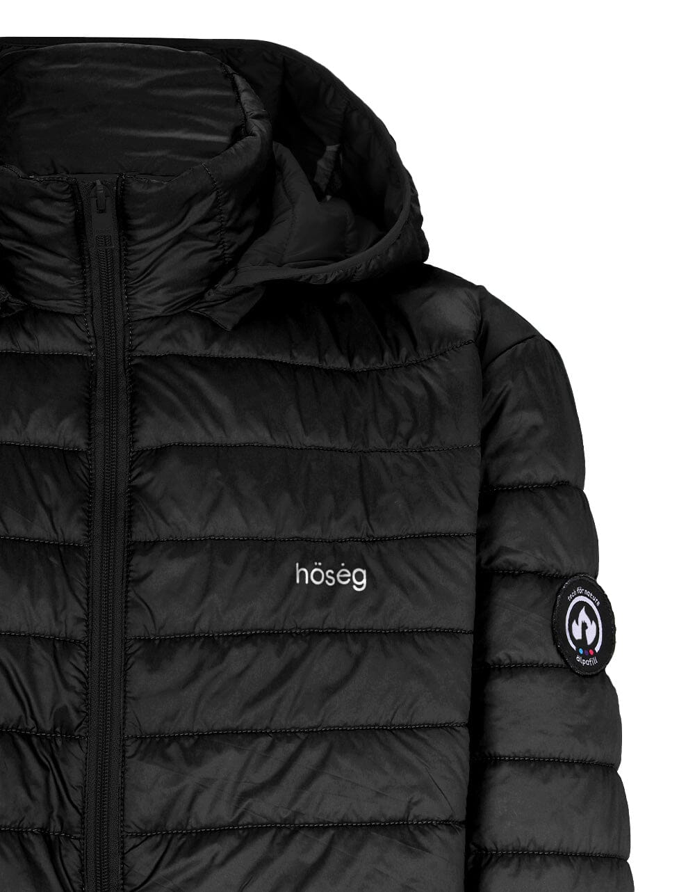 Men's black puffer alpaca jacket with hood, zip front, and sleeve logo patch