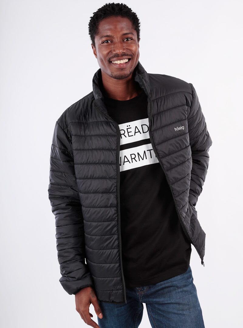 Black puffer jacket with full-zip front and small chest logo patch