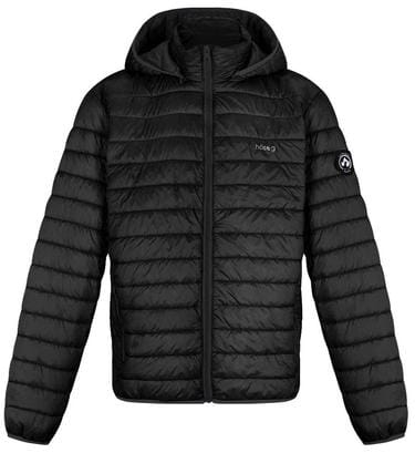 Black hooded puffer jacket with full-zip front and quilted baffles