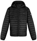 Black hooded puffer jacket with full-zip front and quilted baffles