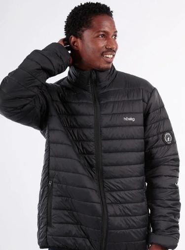 Black puffer jacket with full-zip front, hood, and sleeve logo patch