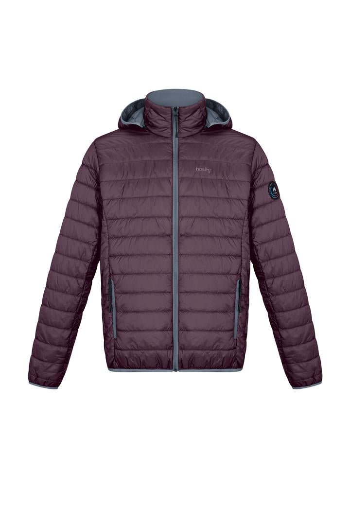 Men's plum puffer alpaca jacket, hooded full-zip with side pockets