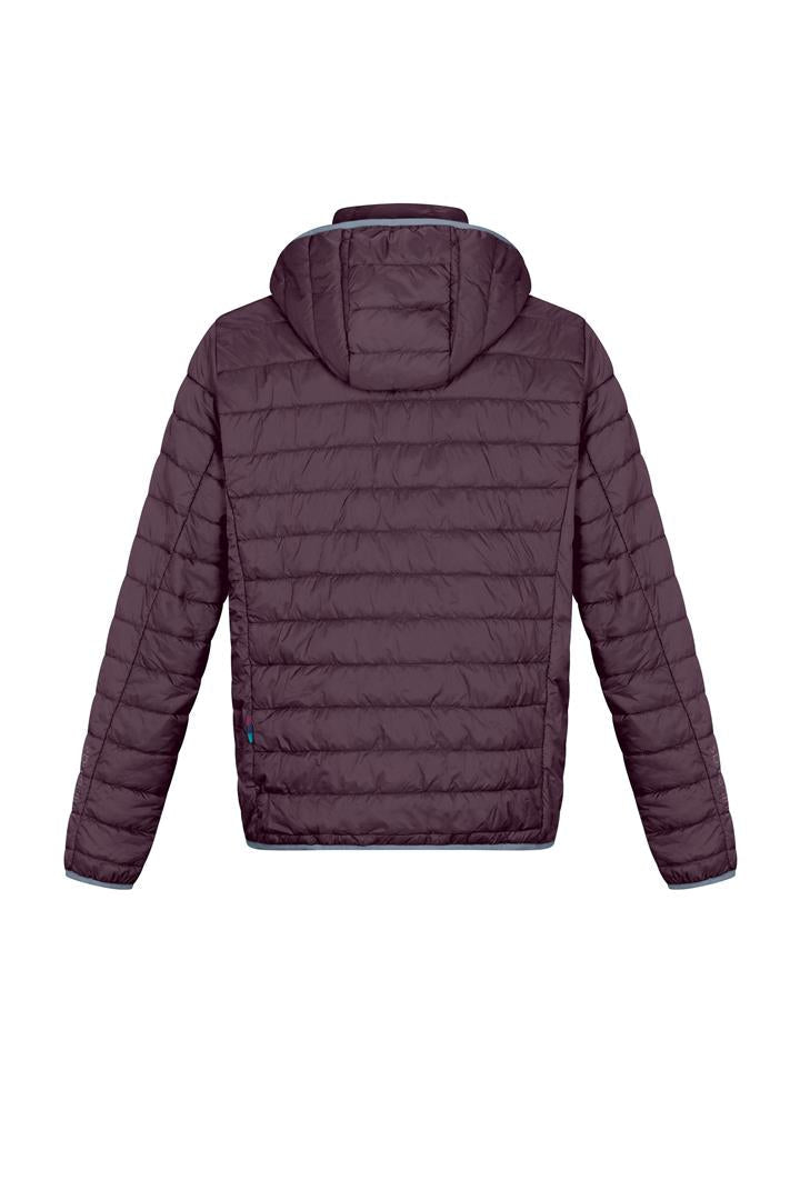 Men's plum puffer alpaca jacket, back view with hood and full-zip