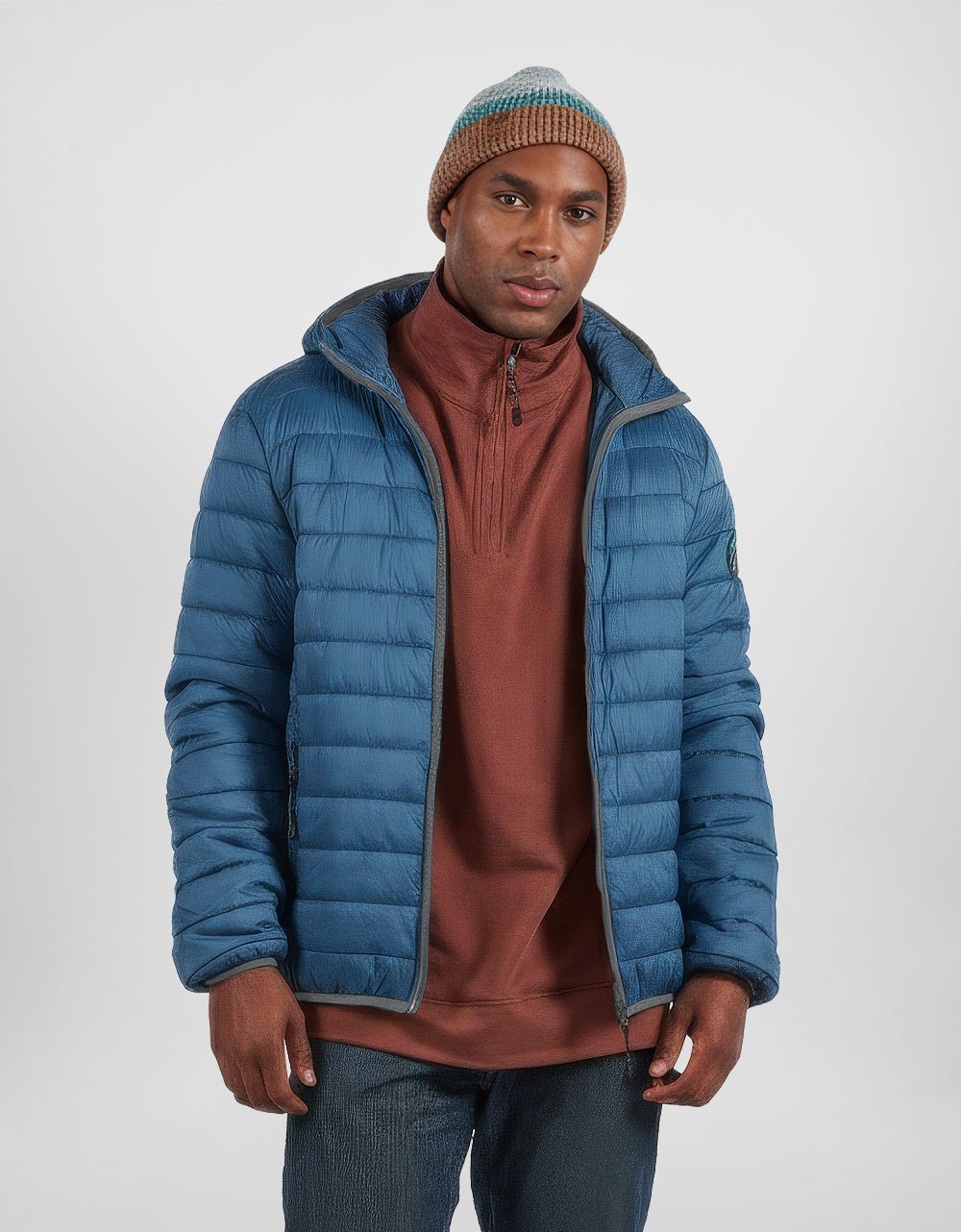 Men's blue puffer alpaca jacket with hood, full-zip front and knit cuff trim