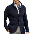 Men's navy blue knit cardigan sweater with button-front and long sleeves
