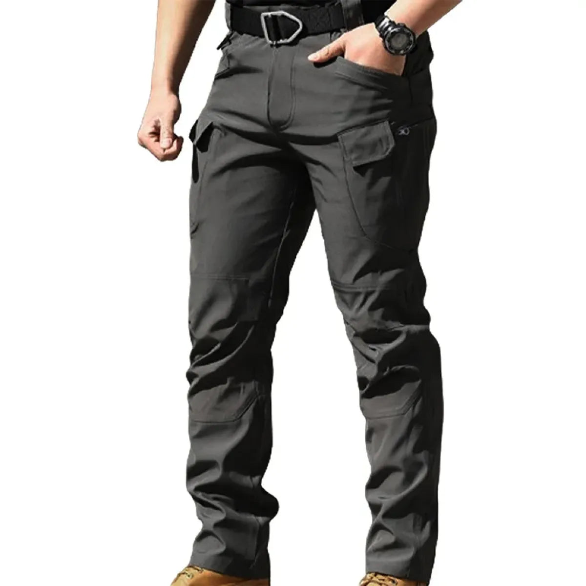 Black men's cargo pants with stacked leg pockets and belt loops