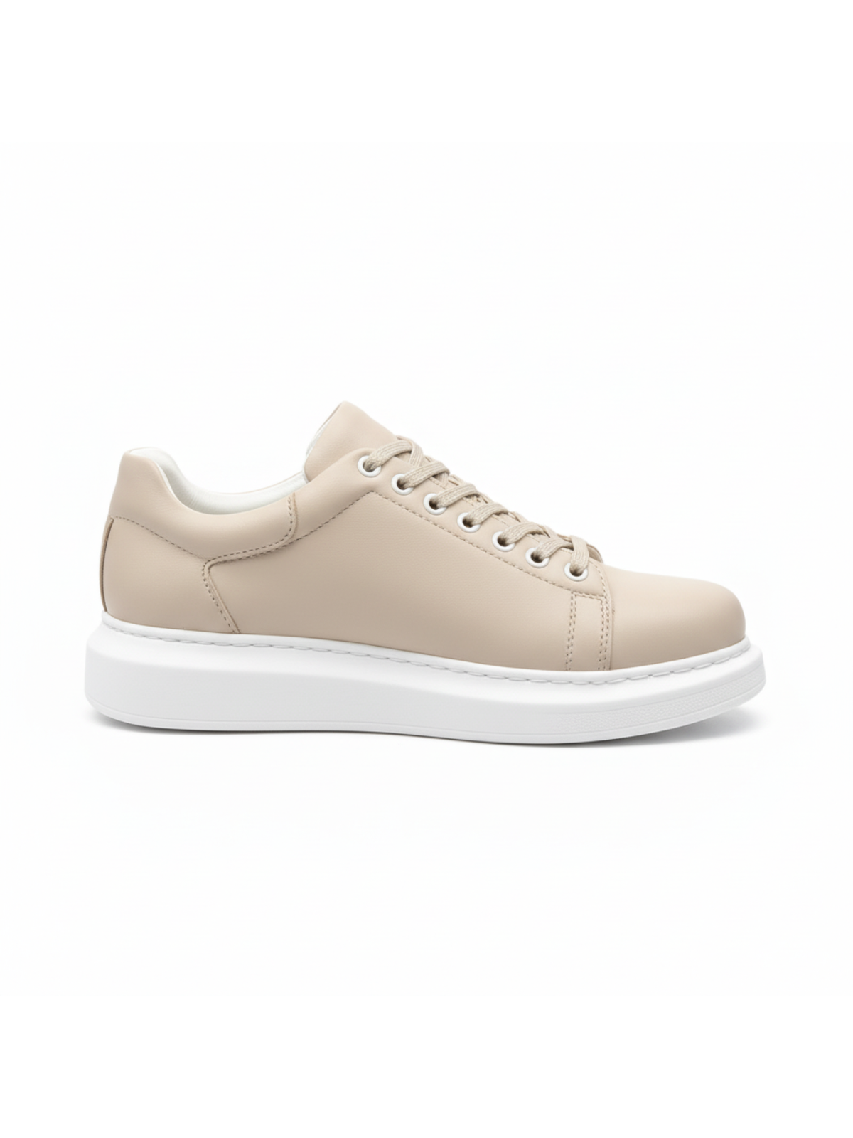 Cream low-top lace-up sneakers with white rubber sole, side view