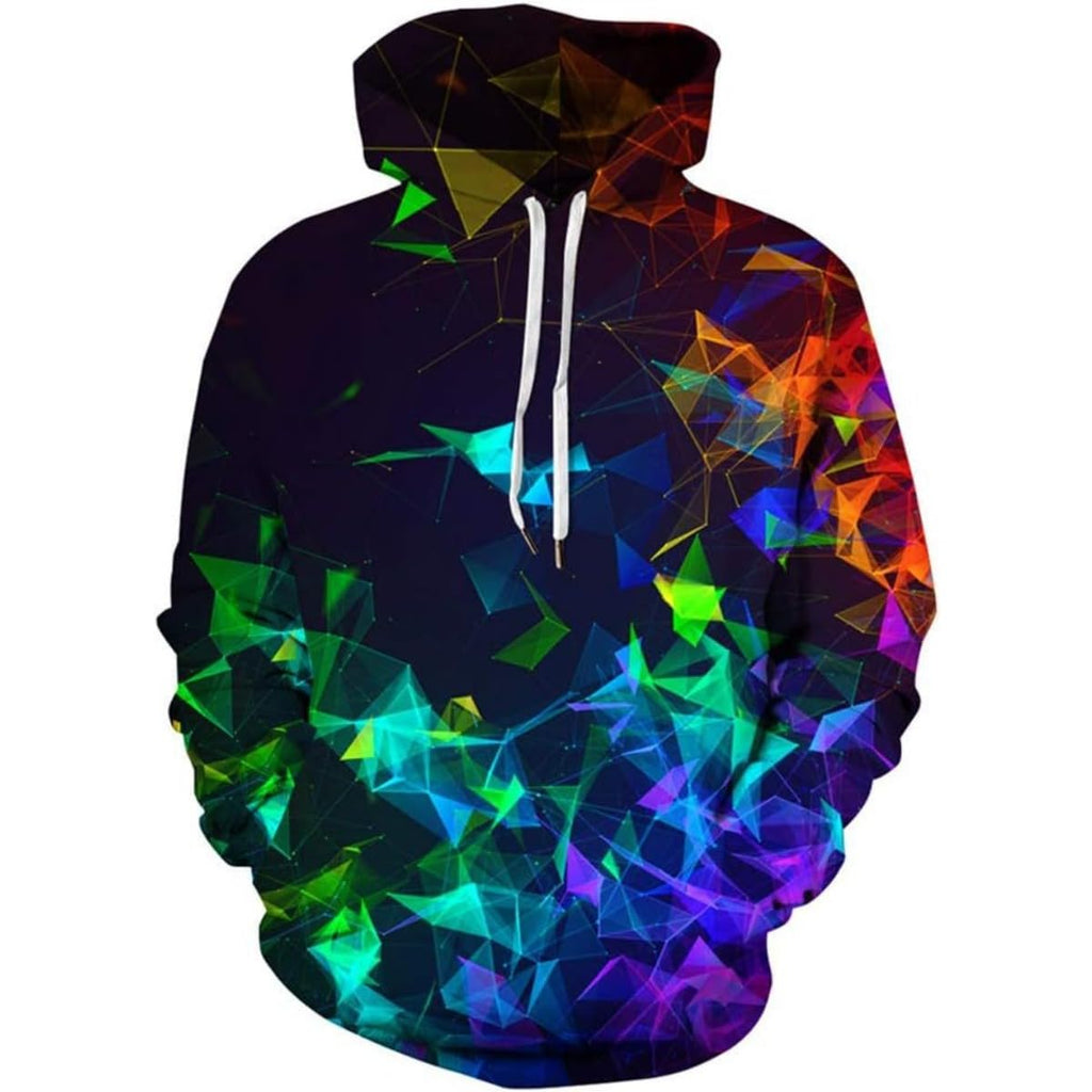 Men's graphic 3D star hoodie with dark base and green-blue-orange geometric print