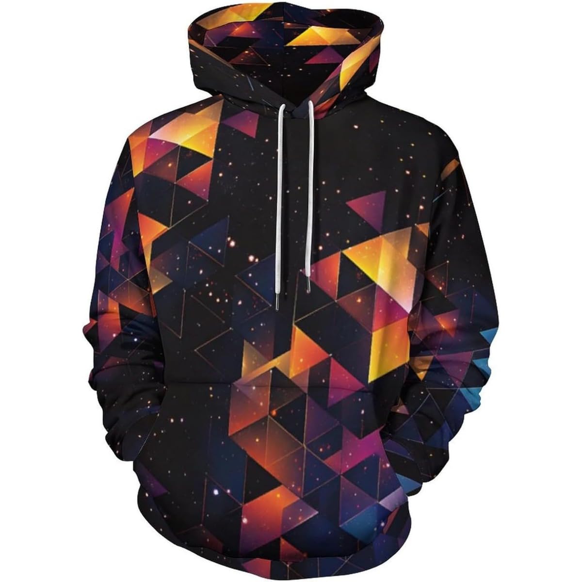 Men's geometric star hoodie with dark base and orange-purple polygon pattern