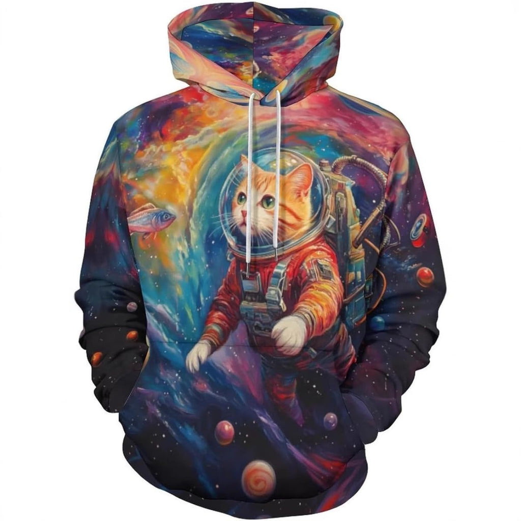 Men's space cat astronaut 3D print pullover hoodie with drawstring