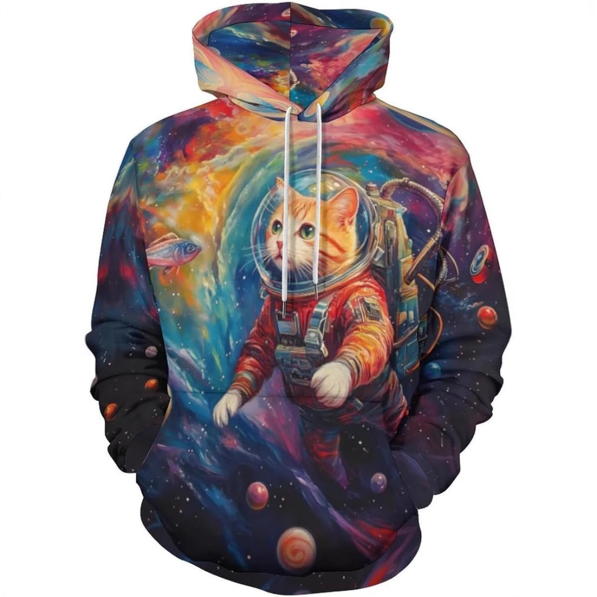 Men's space cat astronaut 3D print pullover hoodie with drawstring