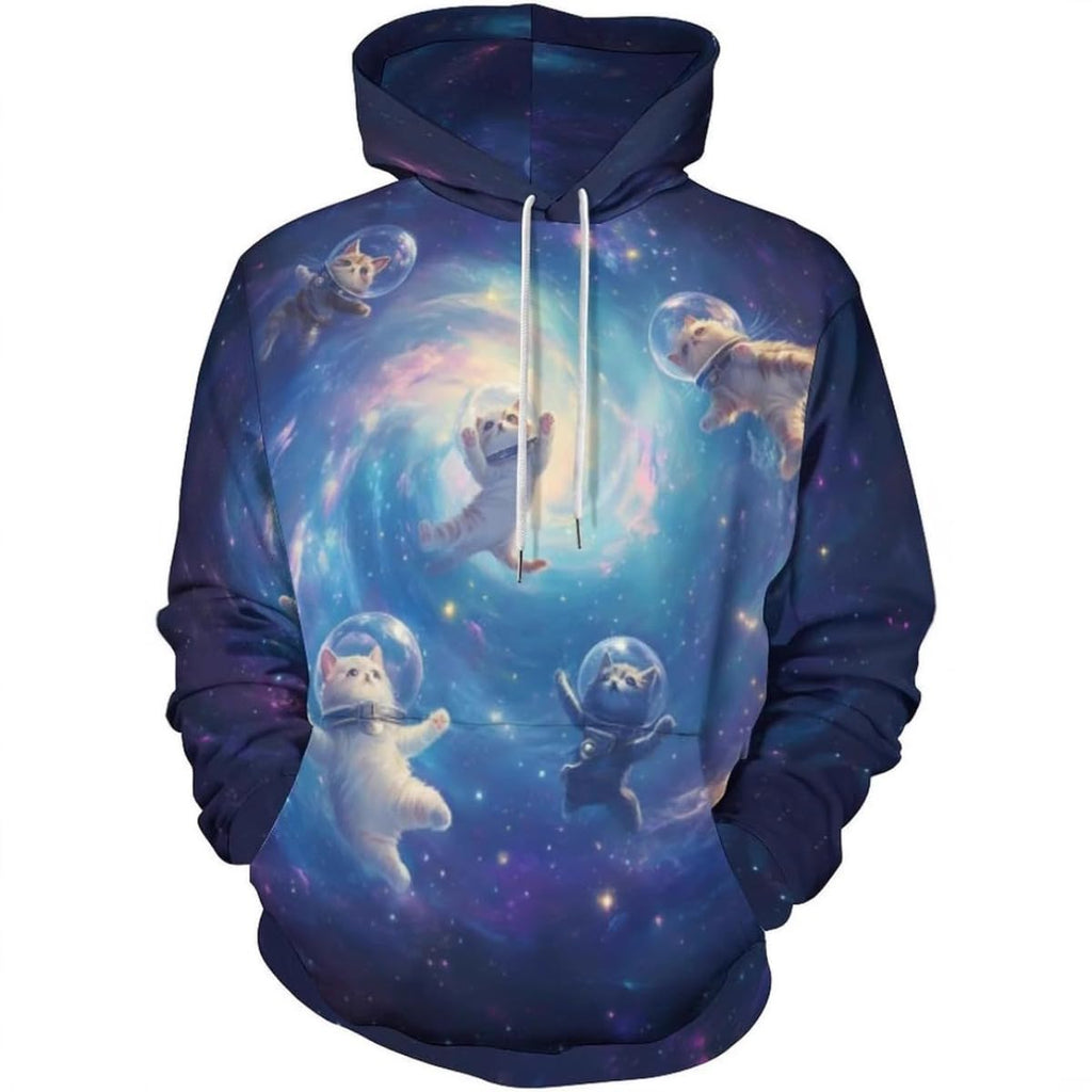 Men's pullover hoodie with space astronaut and planets print, blue nebula glow, dark base