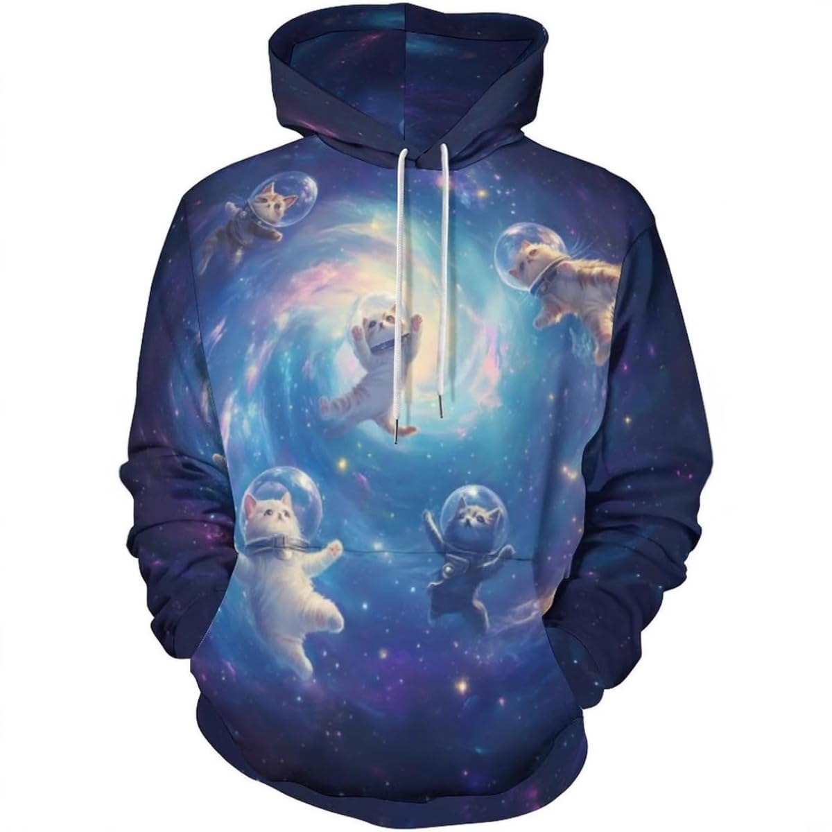 Men's pullover hoodie with space astronaut and planets print, blue nebula glow, dark base