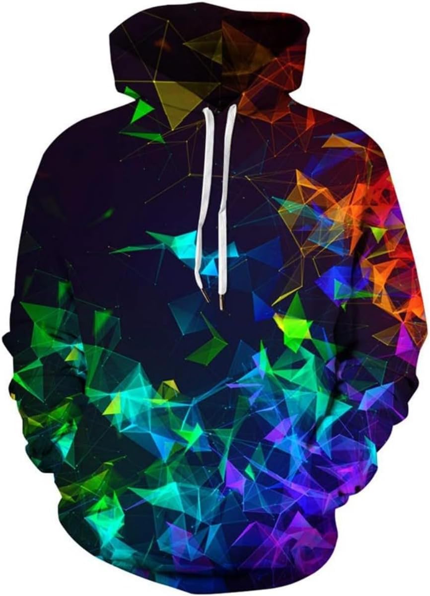 Dark navy hoodie with multicolor geometric star print and white drawstring cords