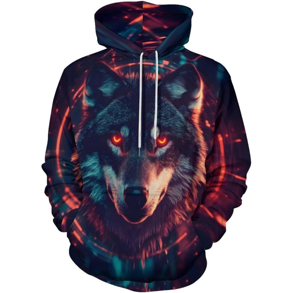 Men's pullover hoodie with glowing wolf face graphic, orange and teal accents, dark base