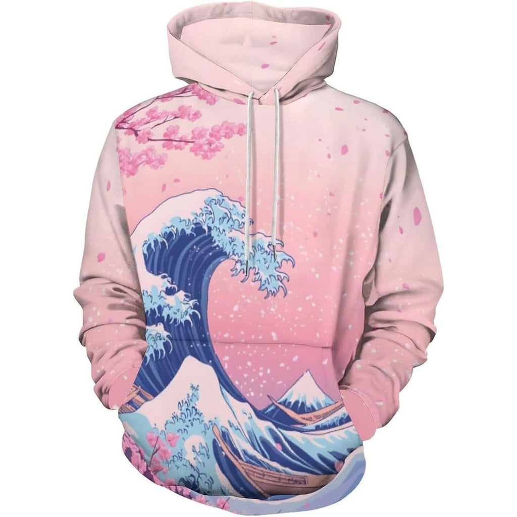 Men's pullover hoodie with pastel wave and mountain graphic, pink and blue on light base