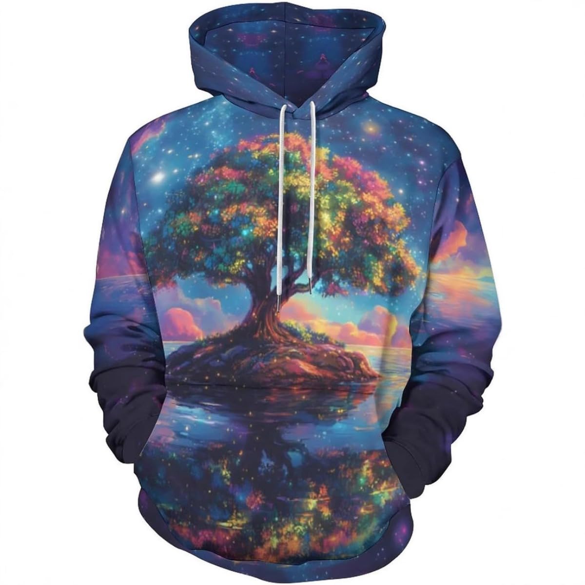 Men's printed 3D hoodie with blue fantasy landscape and glowing tree, pullover drawstring hood