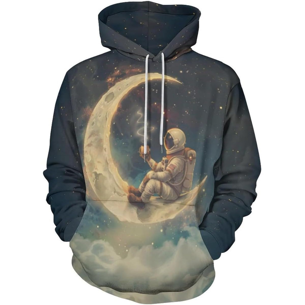 Men's printed pullover hoodie in dark tones with astronaut and large moon, drawstring hood
