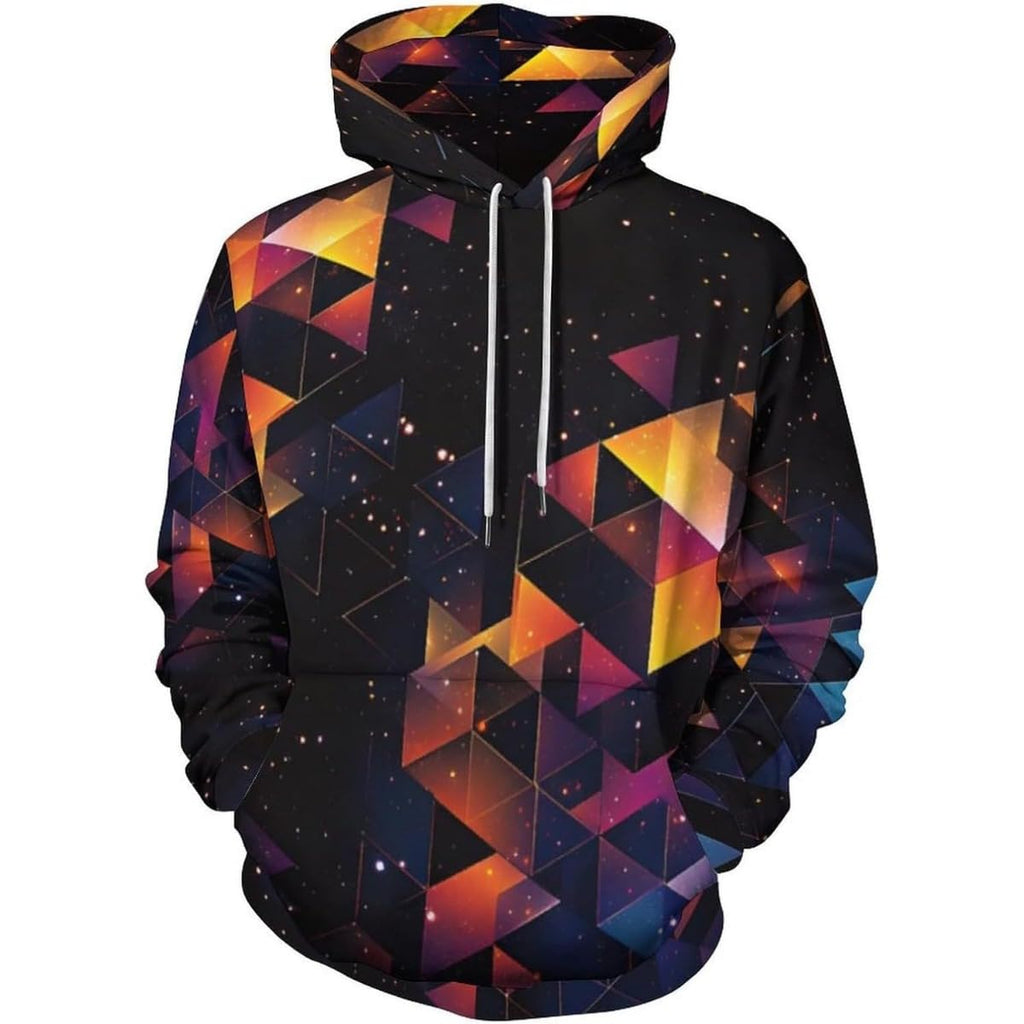 Men's pullover hoodie with geometric galaxy print, orange yellow and pink triangles, dark